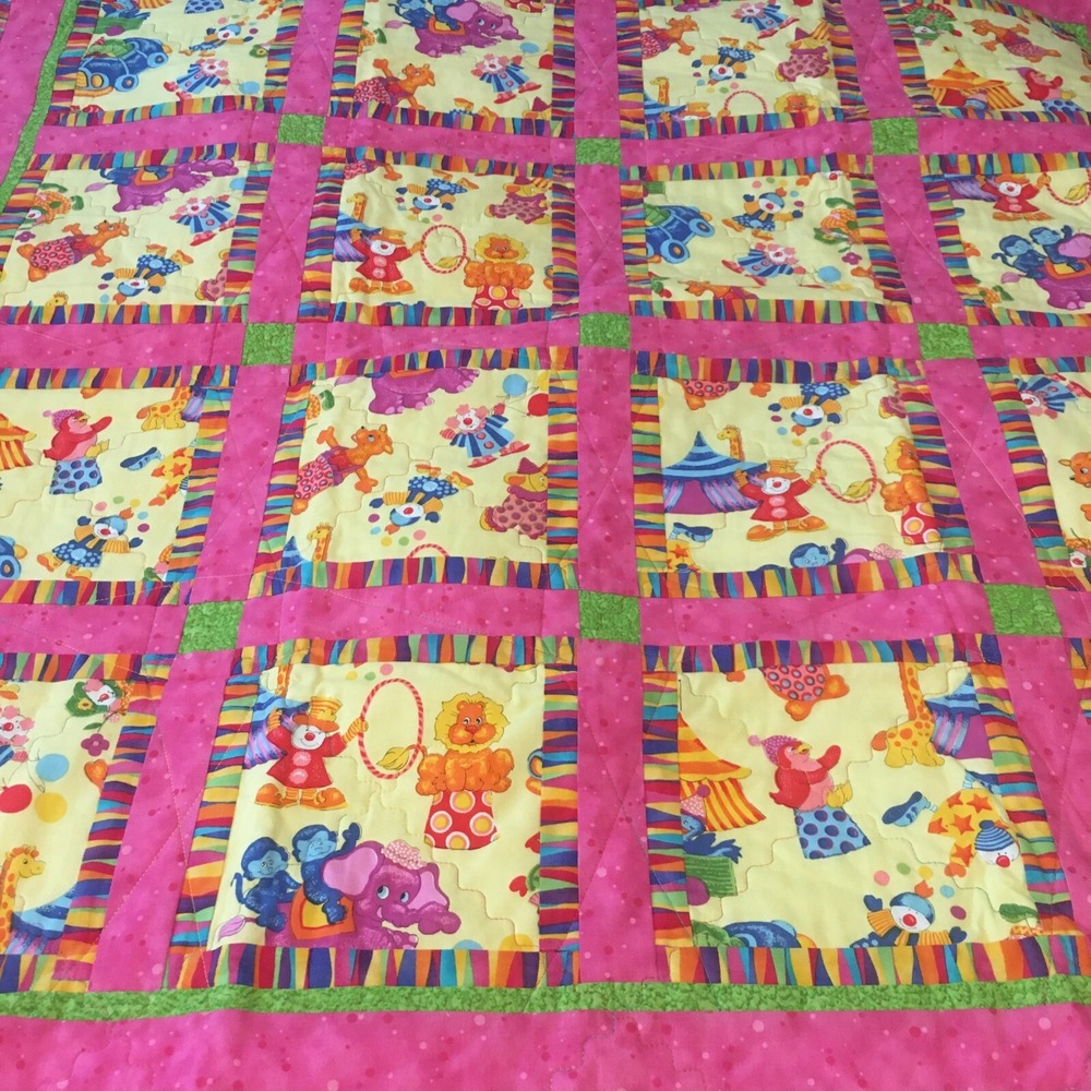 NEW Quilt Blanket Circus pink bubbles polka dots handmade Fun happy 41" x 41"